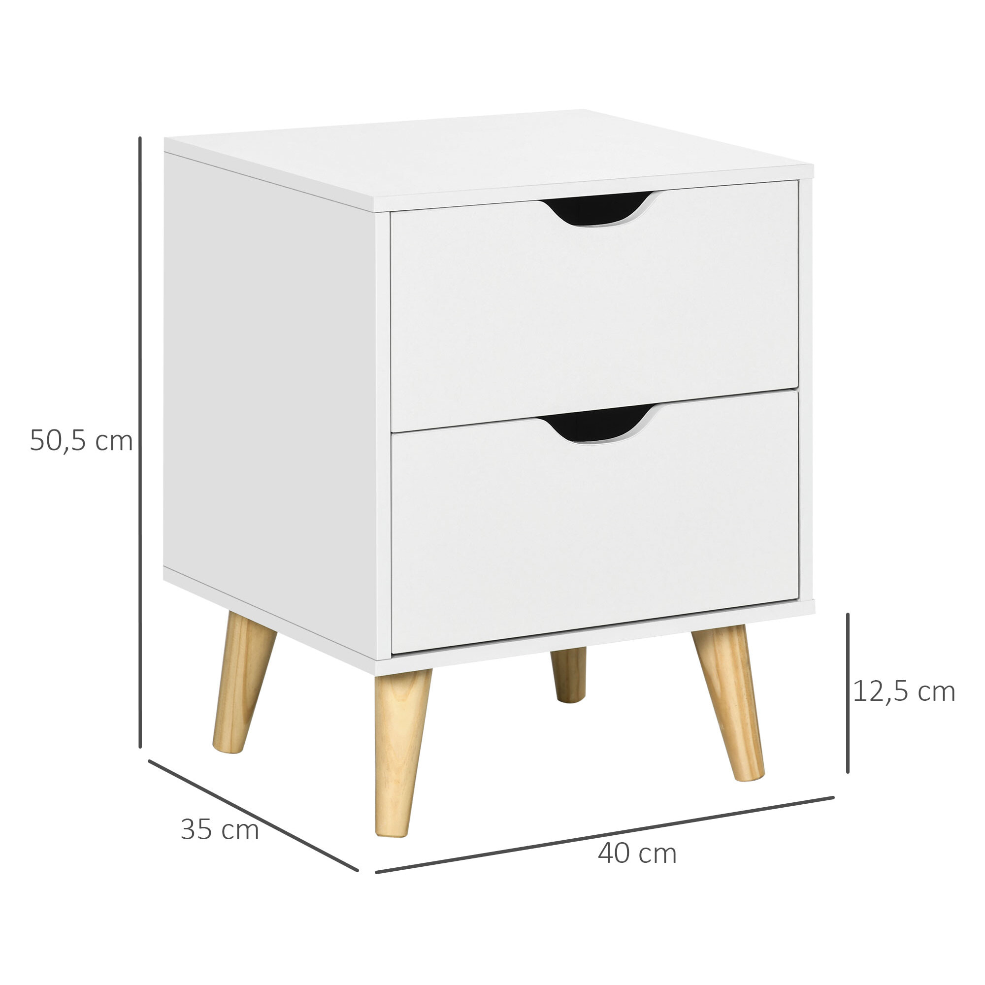 Chevet table de nuit design scandinave 2 tiroirs piètement bois pin panneaux particules blanc