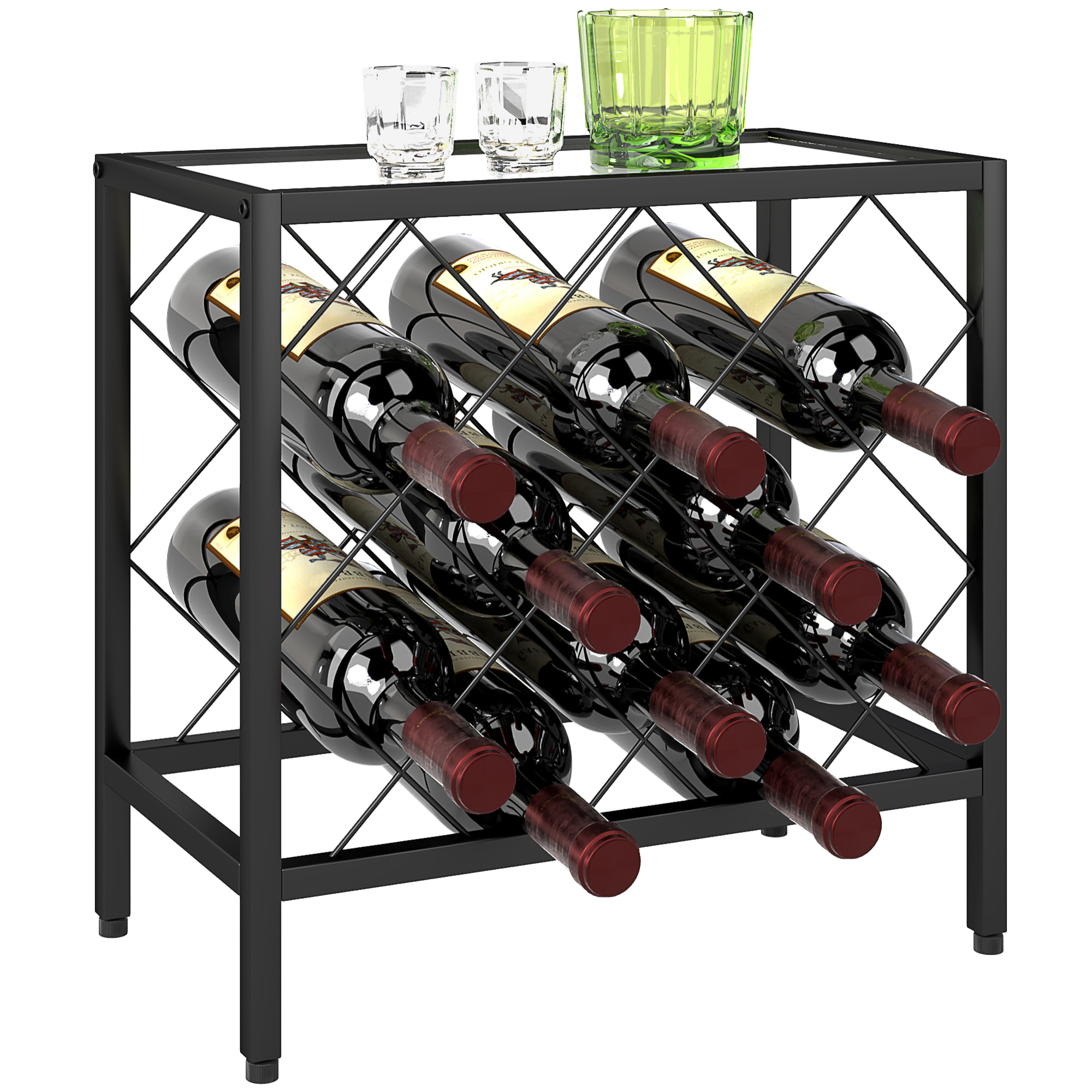 Botellero Vino para 10 Botellas Botellero con Encimera de Vidrio Templado y Marco de Acero para Salón Comedor 41x22x41 cm Negro