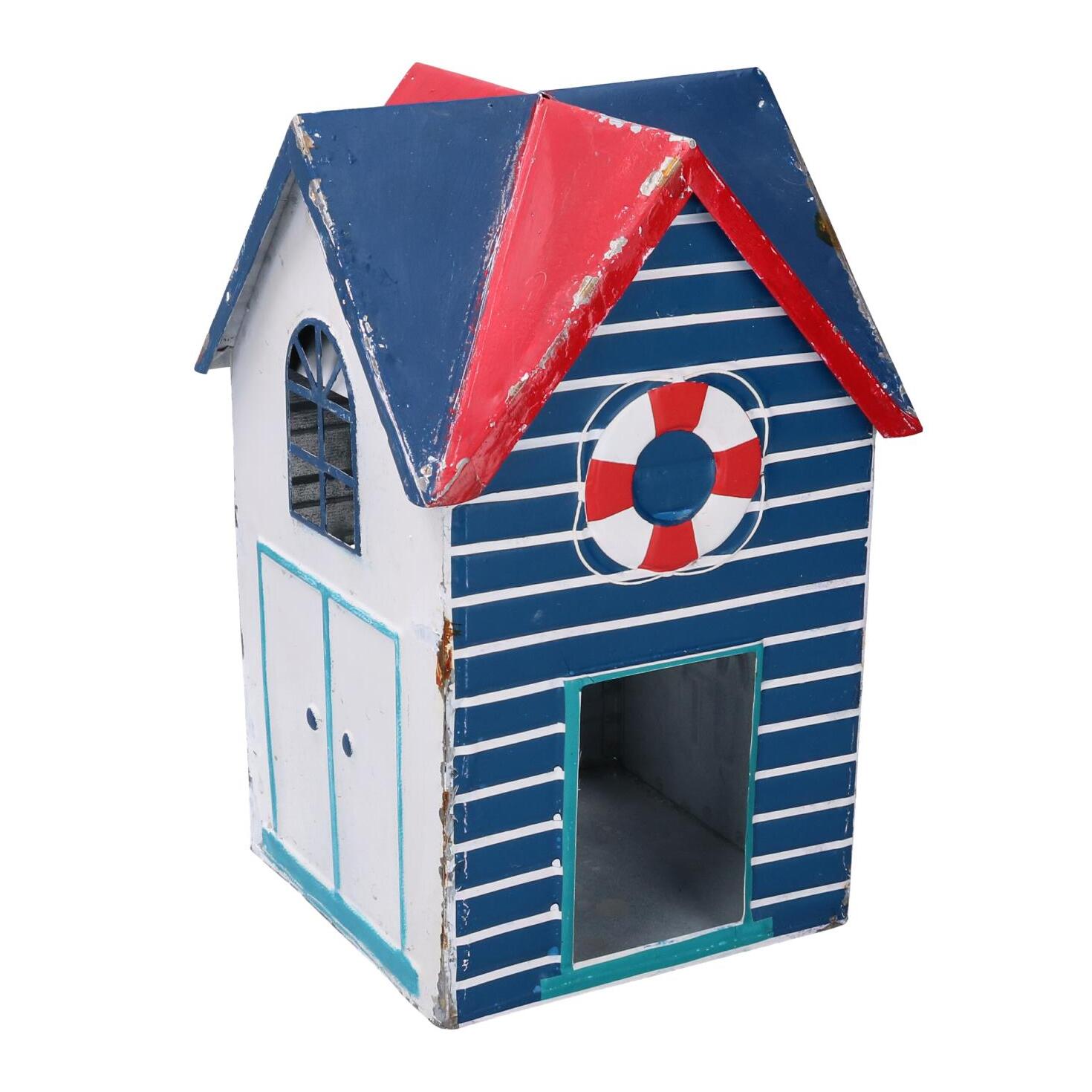 Lanterna in metallo mare casetta bianco e blu quadro cm19x19h29