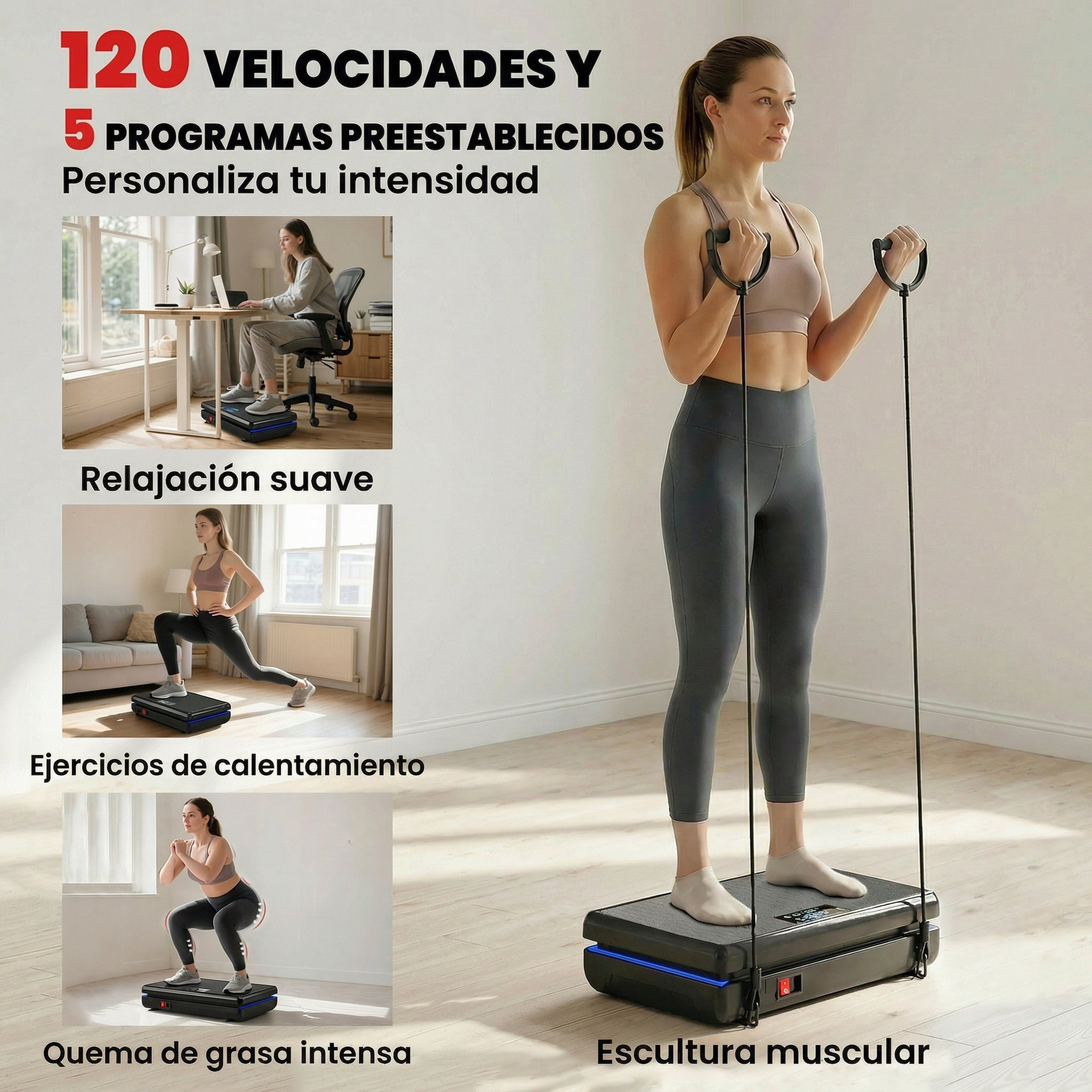 Plataforma Vibratoria, 120 Velocidades, 5 Programas, Plataforma Vibración Muscular 200W con 2 Bandas Elásticas, Pantalla LED, Luz, Mando a Distancia, Carga 120 kg para Hacer Ejercicio en Casa