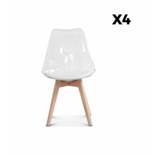Lot de 4 chaises scandinaves - Lagertha - pieds bois. fauteuils 1 place. coussin blanc. coque transparente