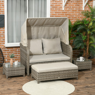 Ensemble salon de jardin 2 places 4 pcs - canapé, repose-pieds, 2 tables basses - coussins inclus - résine grise polyester kaki