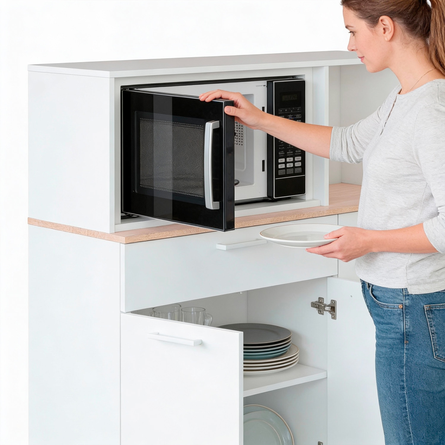 Mobile Da Cucina Credenza Con 3 Ante 1 Cassetto Madia Moderna Mobile Contenitore Con Vani A Giorno Mobiletto Dispensa 108x40x126 Cm Bianco E Rovere