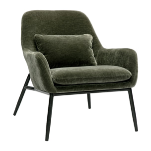 Fauteuil design en tissu effet velours vert kaki et métal noir MAXINE