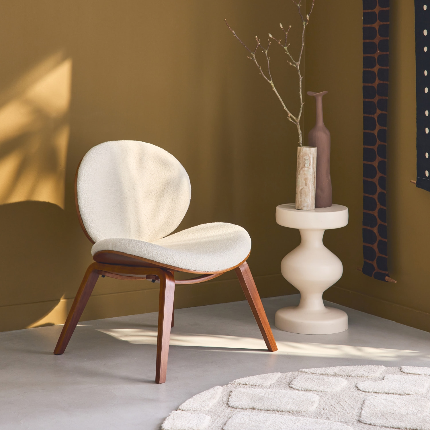 Fauteuil relax décor bois courbé et bouclette texturée INES