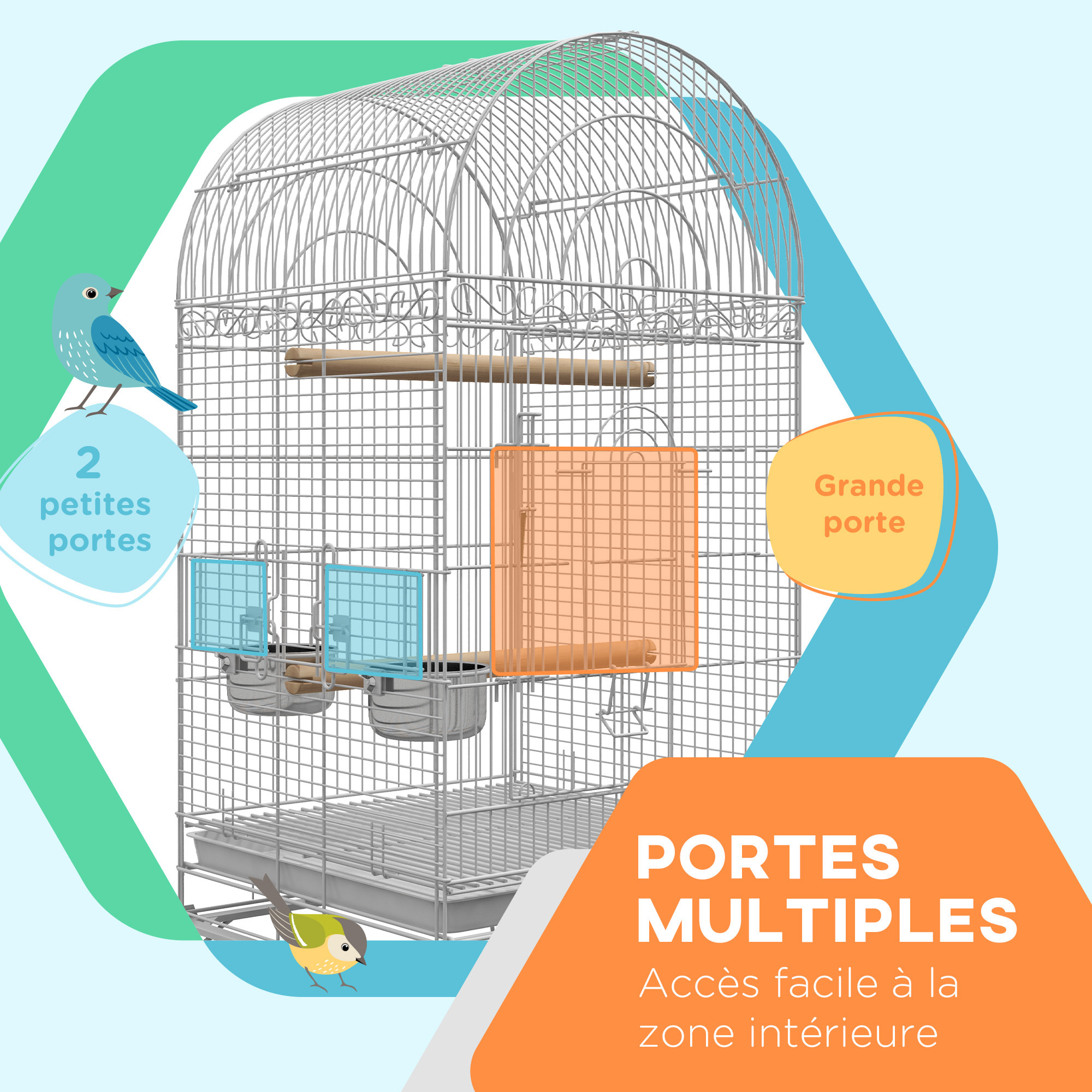 Cage à oiseaux volière sur roulettes - étagère, grille, plateau amovible, 2 bols acier inox, perchoir - acier blanc