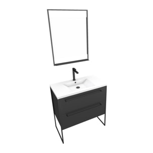 Pack Meuble de salle de bain 80x50 cm NOIR MAT - 2 tiroirs Noir mat - vasque blanche + miroir LED