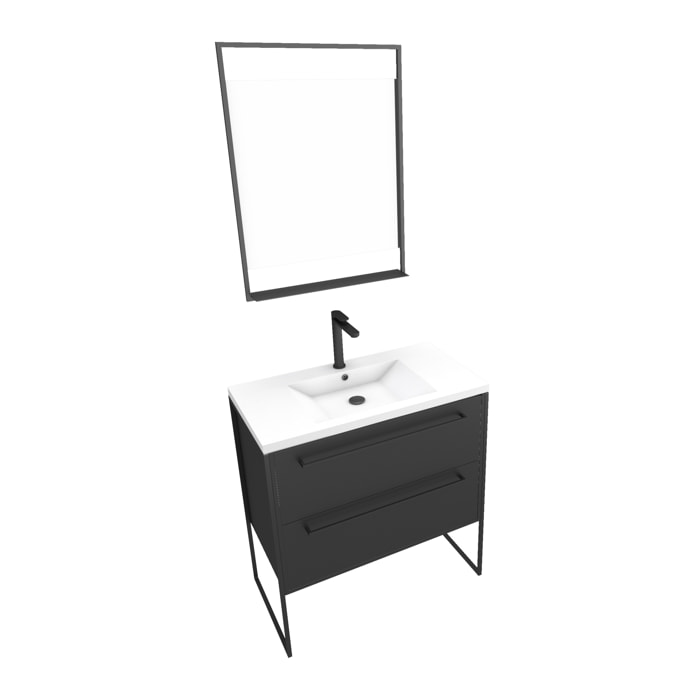 Pack Meuble de salle de bain 80x50 cm NOIR MAT - 2 tiroirs Noir mat - vasque blanche + miroir LED
