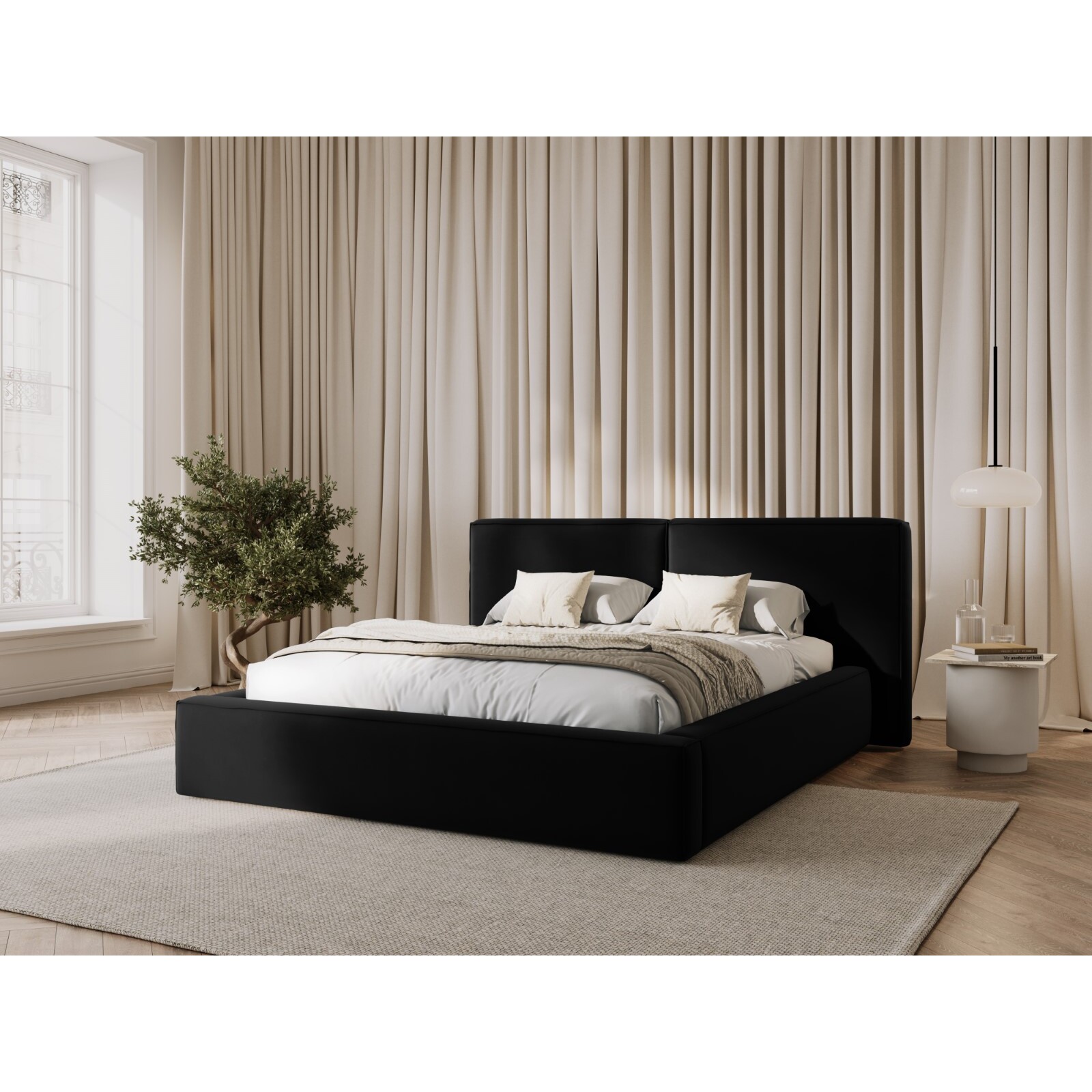 Lit coffre avec tête de lit double "Arendal" 200x200cm en velours noir