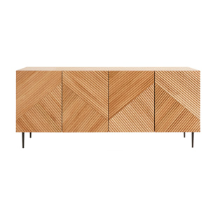 Buffet design en bois clair chêne massif gravé et métal noir 4 portes L180 cm ARCHIPEL