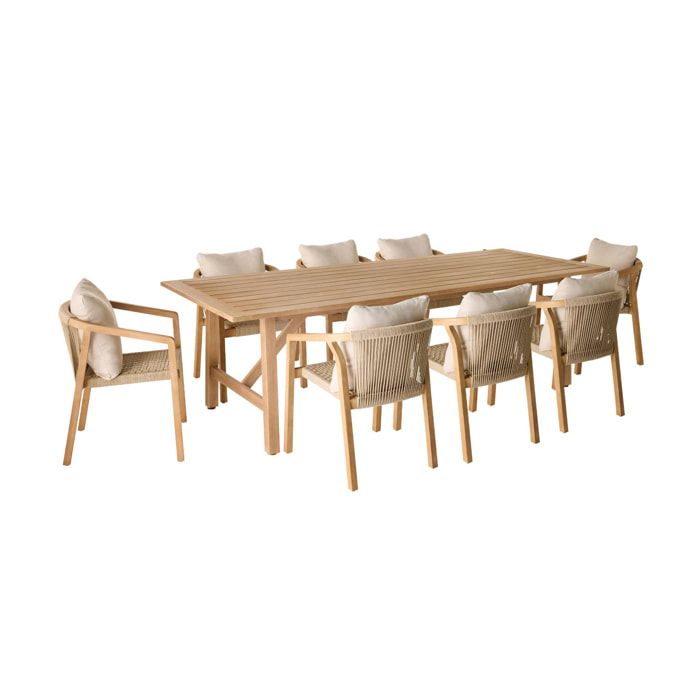 Table de jardin bois d'eucalyptus et cordes 8 fauteuils LORIA + CALAMA