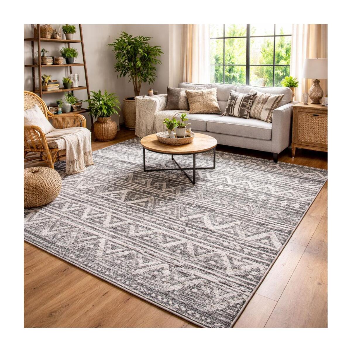 Tapis Gaco en relief dessin ethnique géométrique, couleur gris et blanc