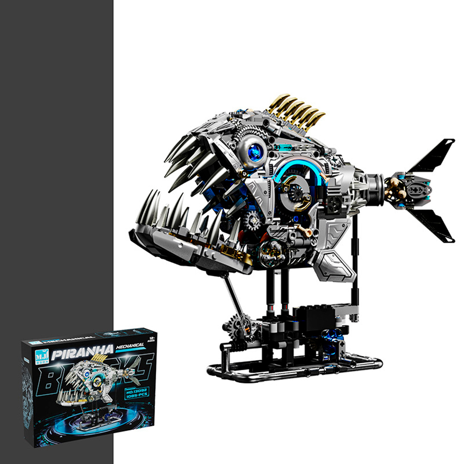 Maqueta 3D mecanizada de piraña con 1085 piezas, equipada con luces y mecanismo de manivela que permite movimiento dinámico.