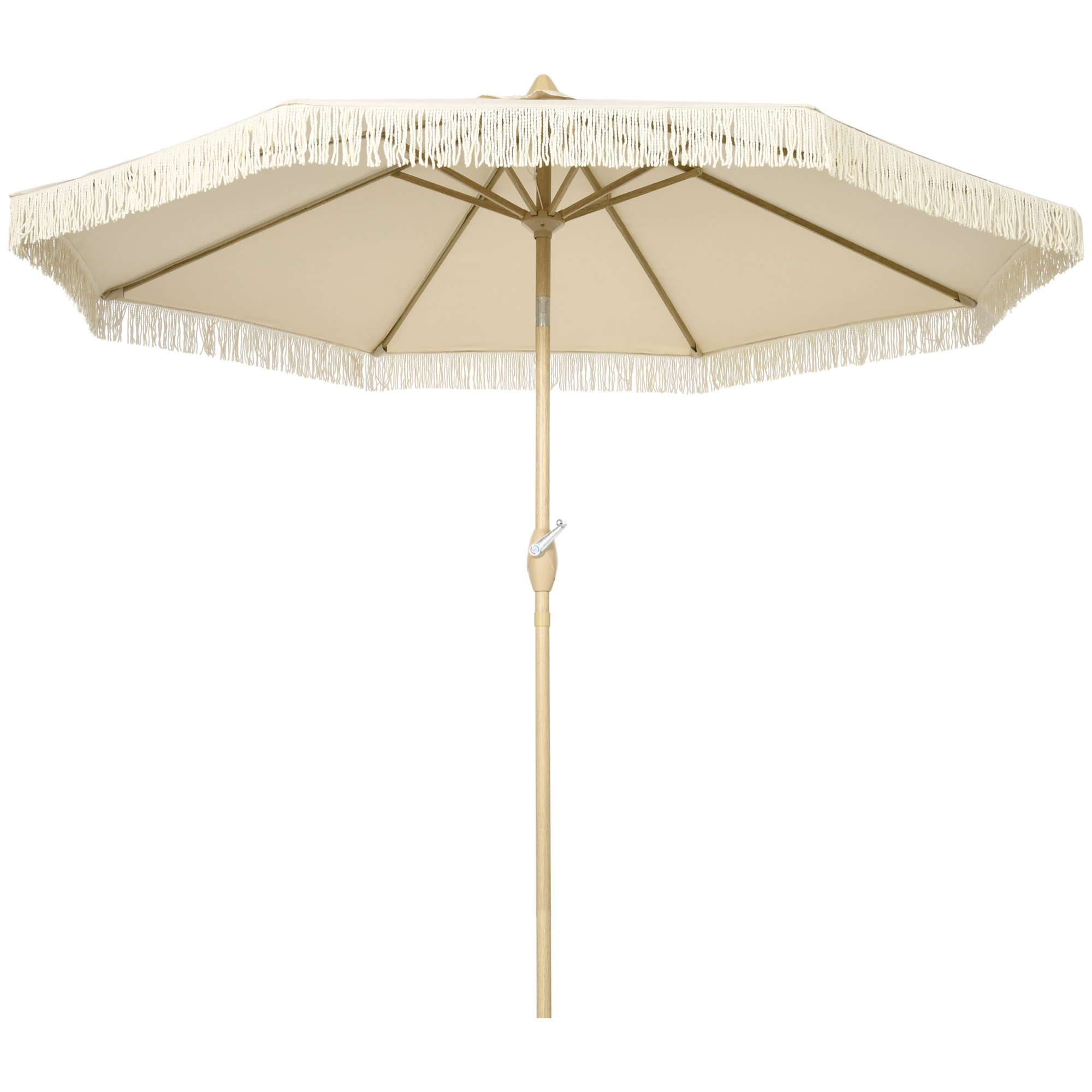Sombrilla Terraza Exterior, Ø265x244 cm, Sombrilla de Jardín con Ángulo Ajustable, Manivela, Flecos de Estilo Boho, Impermeable, Parasol para Patio, Terraza, Crema