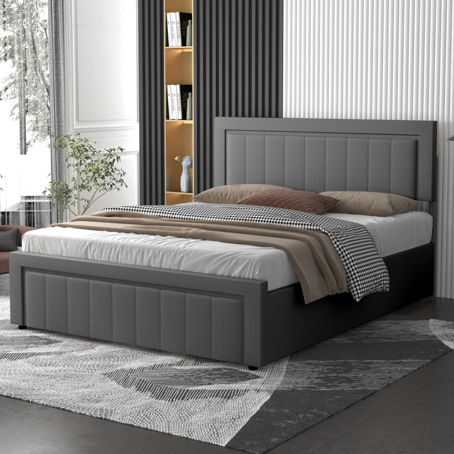 TOPEKA Lit contemporain avec coffre de rangement 160x200cm en velours gris
