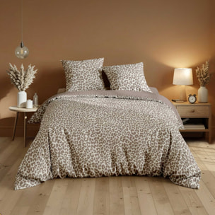 Parure de lit 3 pièces 100 % coton imprimé léopard housse + taies - Naturel