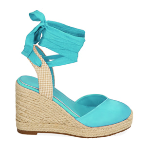 Espadrillas celesti in raso, zeppa 10 cm