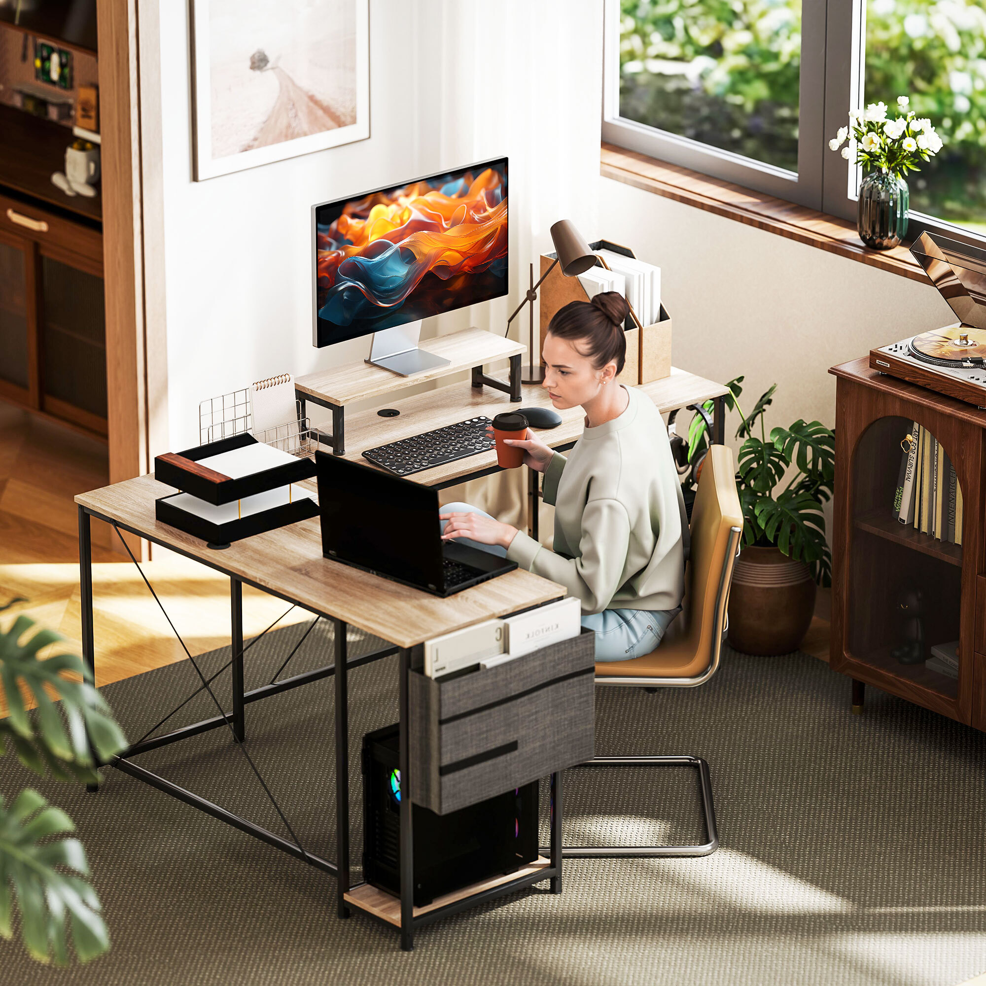 Escritorio Esquinero Reversible en L, Largo 168-240 cm, Mesa Escritorio de Ordenador Industrial con Soporte Monitor y CPU, Estantería, Bolsillo Lateral, Ganchos, Estante Ajustable, Natural