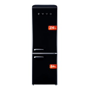 EVVO Frigorífico combi F55 Retro Negro, 216 L + 84 L, diseño vintage, Crisper Zone, Turbo Fan, silencioso