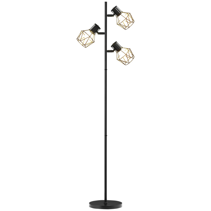 Lampadaire design industriel 3 ampoules max. 40W H.169 cm abat-jour cage métal noir