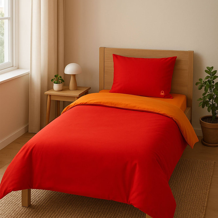 Set de cama 90-100 cm 100% algodón - funda nórdica reversible 150x210cm + sábana bajera 100x200+30cm + funda de almohada 50x70cm - rojo y naranja rainbow benetton