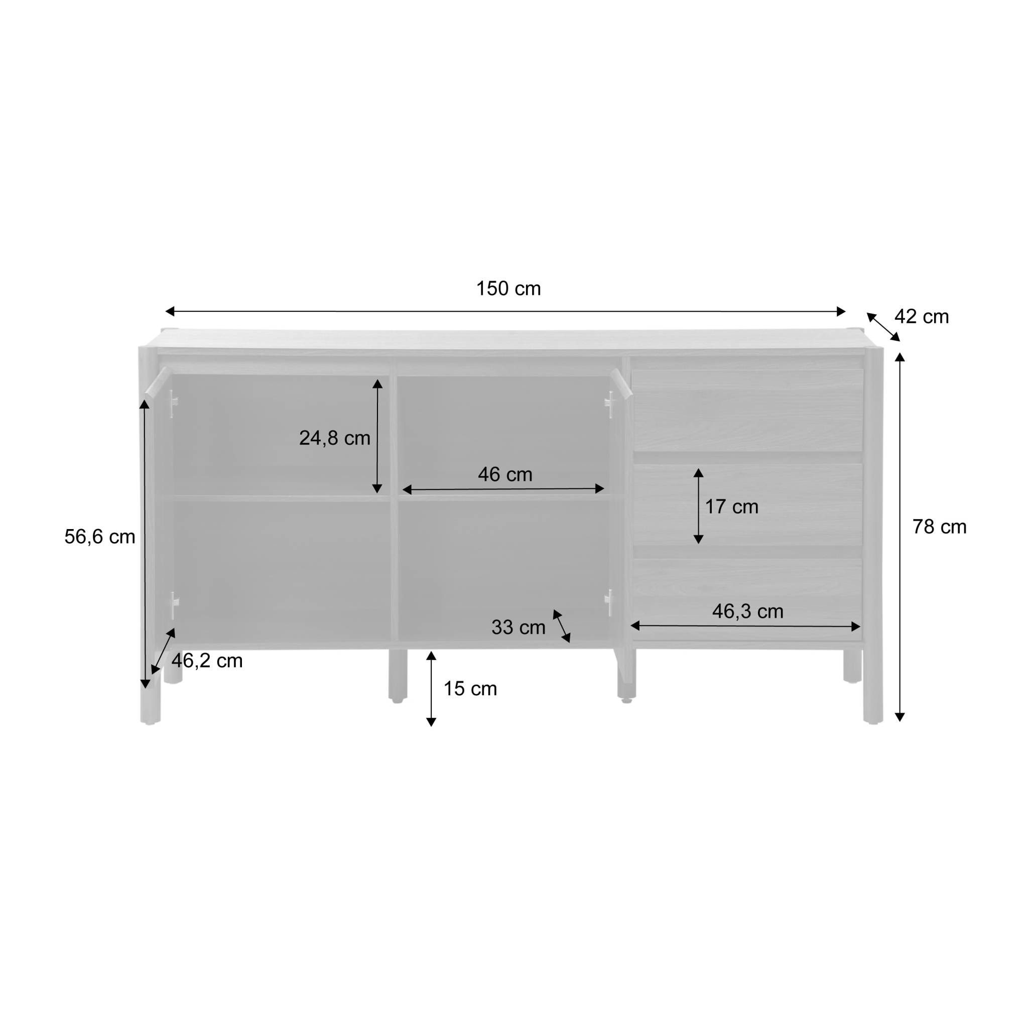 Buffet décor bois 2 portes 3 tiroirs 150cm noyer - 150 x 42 x 78.5 cm - Harmony