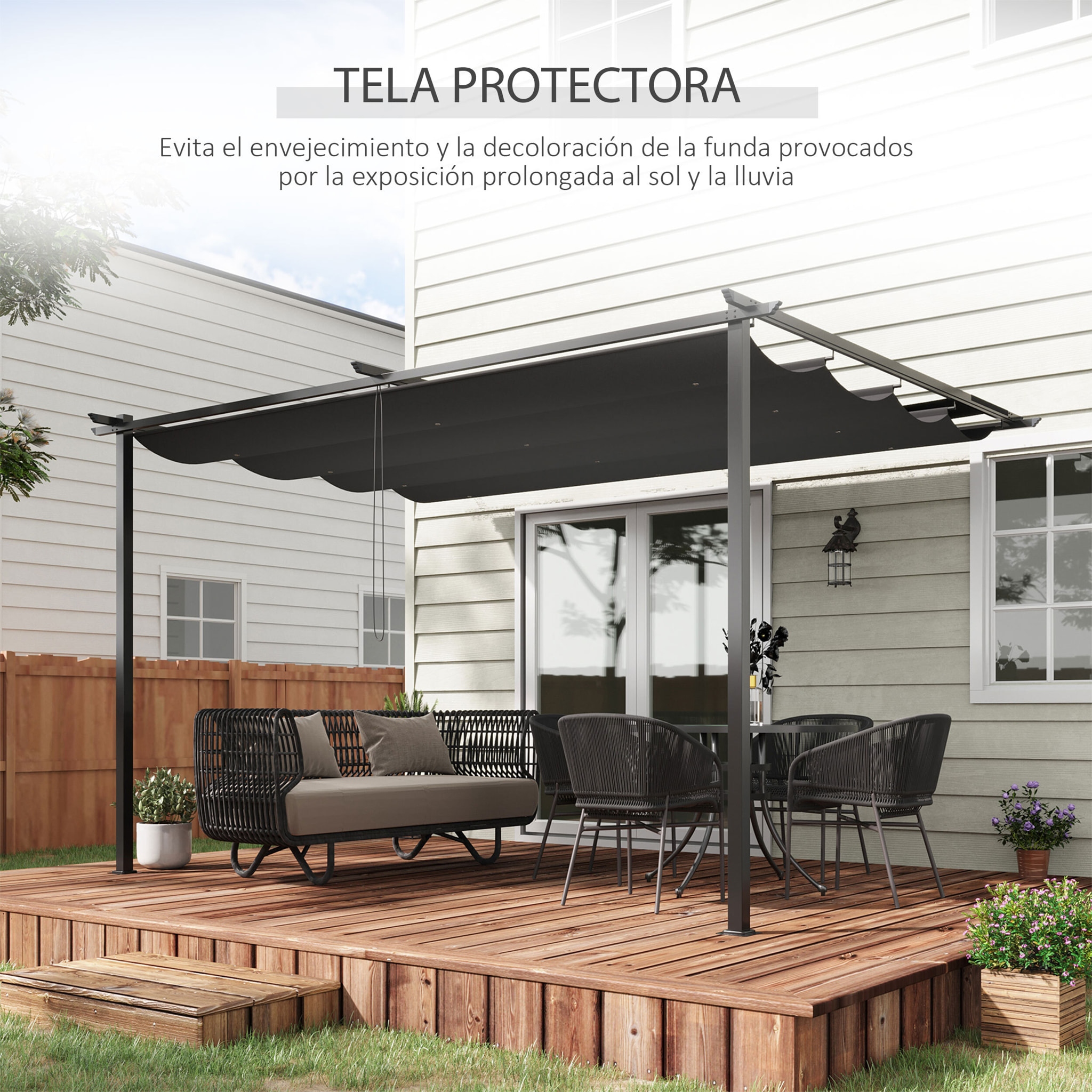 Pérgola de Pared de Jardín 4x3 m Gazebo Exterior Cenador con Techo Retráctil Tela de Poliéster y Marco de Acero para Patio Terraza Balcón Gris Oscuro