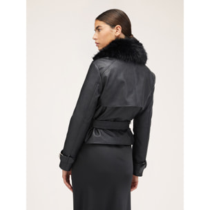 Motivi - Chaqueta motera en tejido revestido con cuello de peluche - Negro