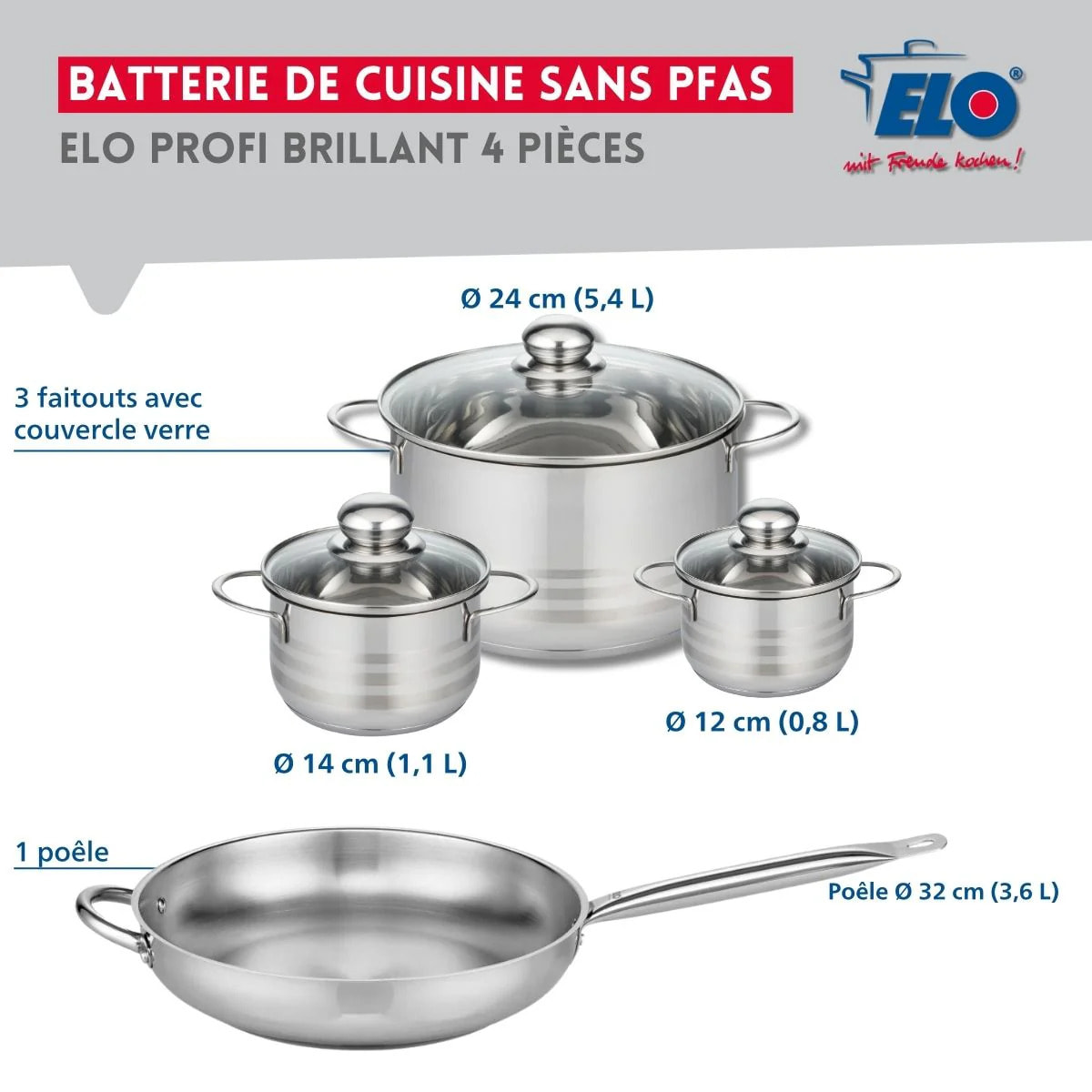 Ensemble de 1 Poêle de cuisson 32 cm et 3 faitouts 12, 14 et 24 cm Elo Profi Brillant