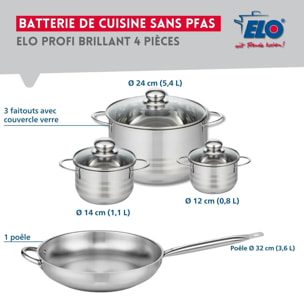 Ensemble de 1 Poêle de cuisson 32 cm et 3 faitouts 12, 14 et 24 cm Elo Profi Brillant