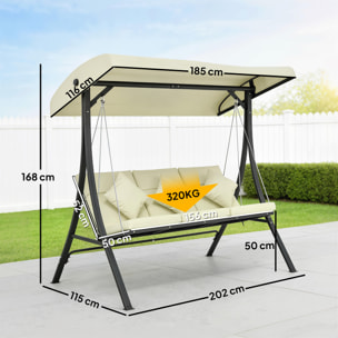 Columpio de Jardín Exterior de 3 Plazas, Balancín de Jardín Exterior con Techo Ajustable Cojines, Almohadas y Estructura de Acero, para Terraza, Patio, Carga 320 kg, 202x115x168 cm, Beige