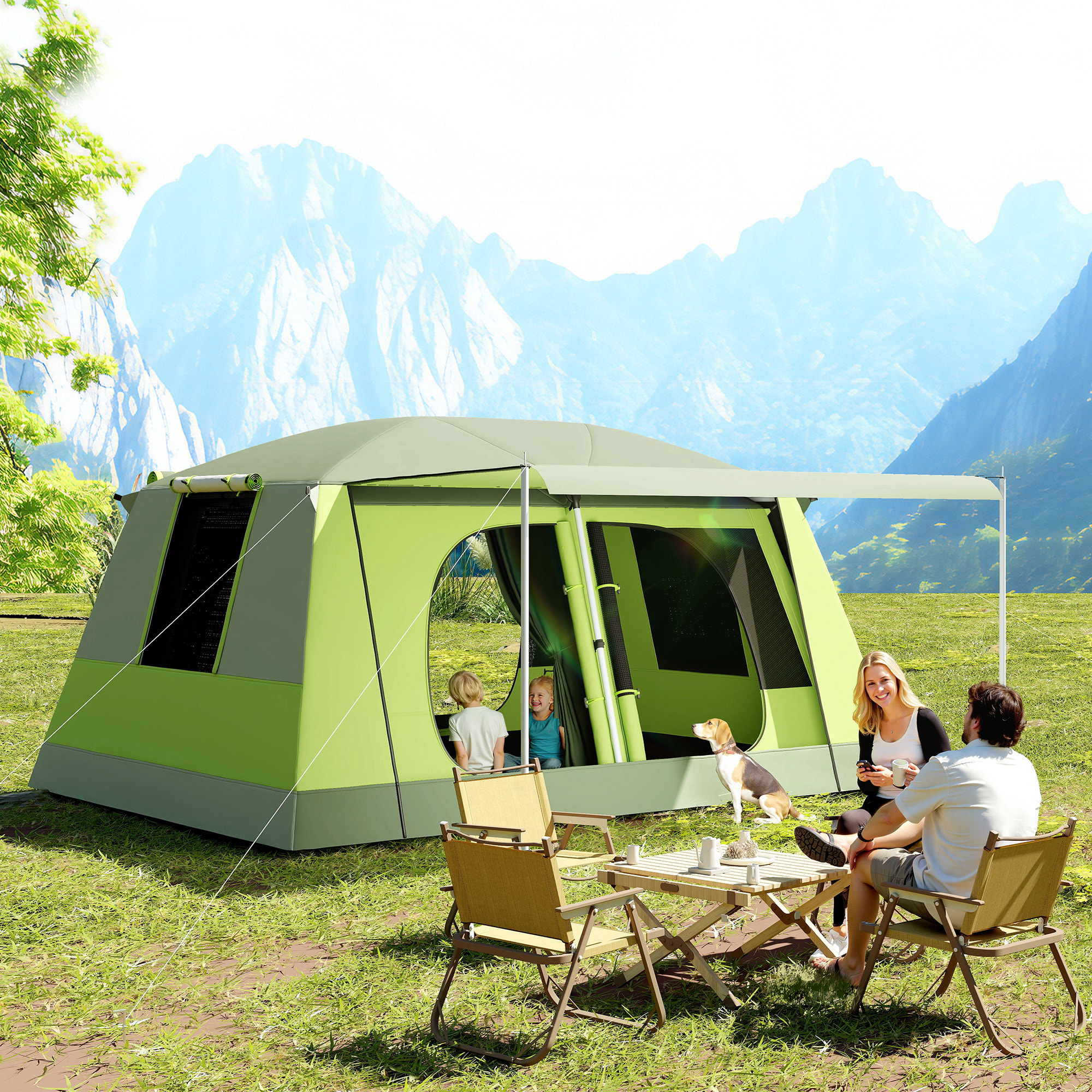 Outsunny Tienda de Campaña Familiar para 4 Personas Tienda de Camping con Mosquitera Gancho y Bolsa de Transporte Anti-UV para Pescar Senderismo Impermeable 2000 mm 405x305x225 cm Verde