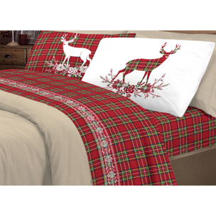 Completo Lenzuola 100% Cotone Cervo Tartan Rosso