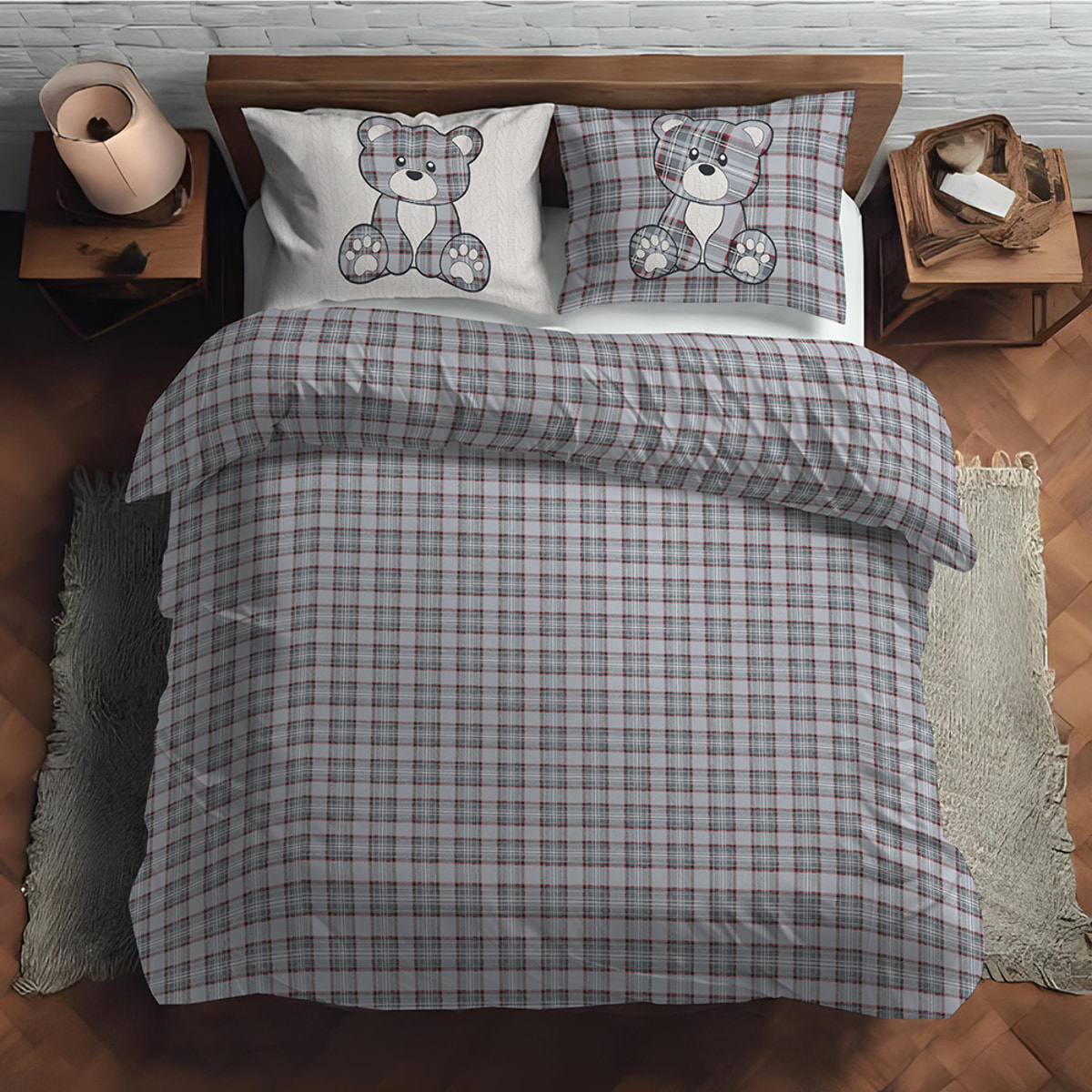 Parure copripiumino orsetto tartan inverno grigio 100% cotone