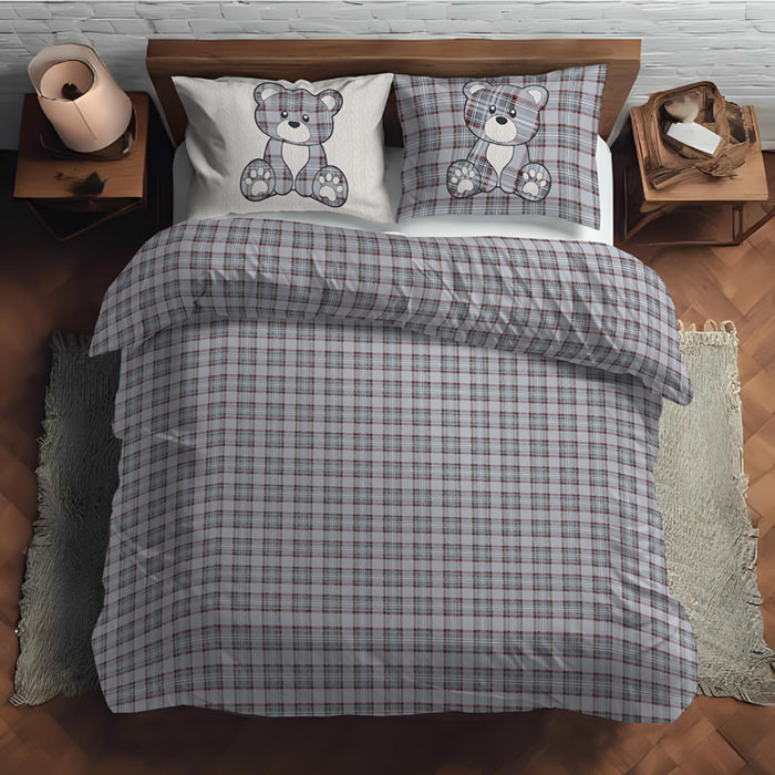 Parure copripiumino orsetto tartan inverno grigio 100% cotone