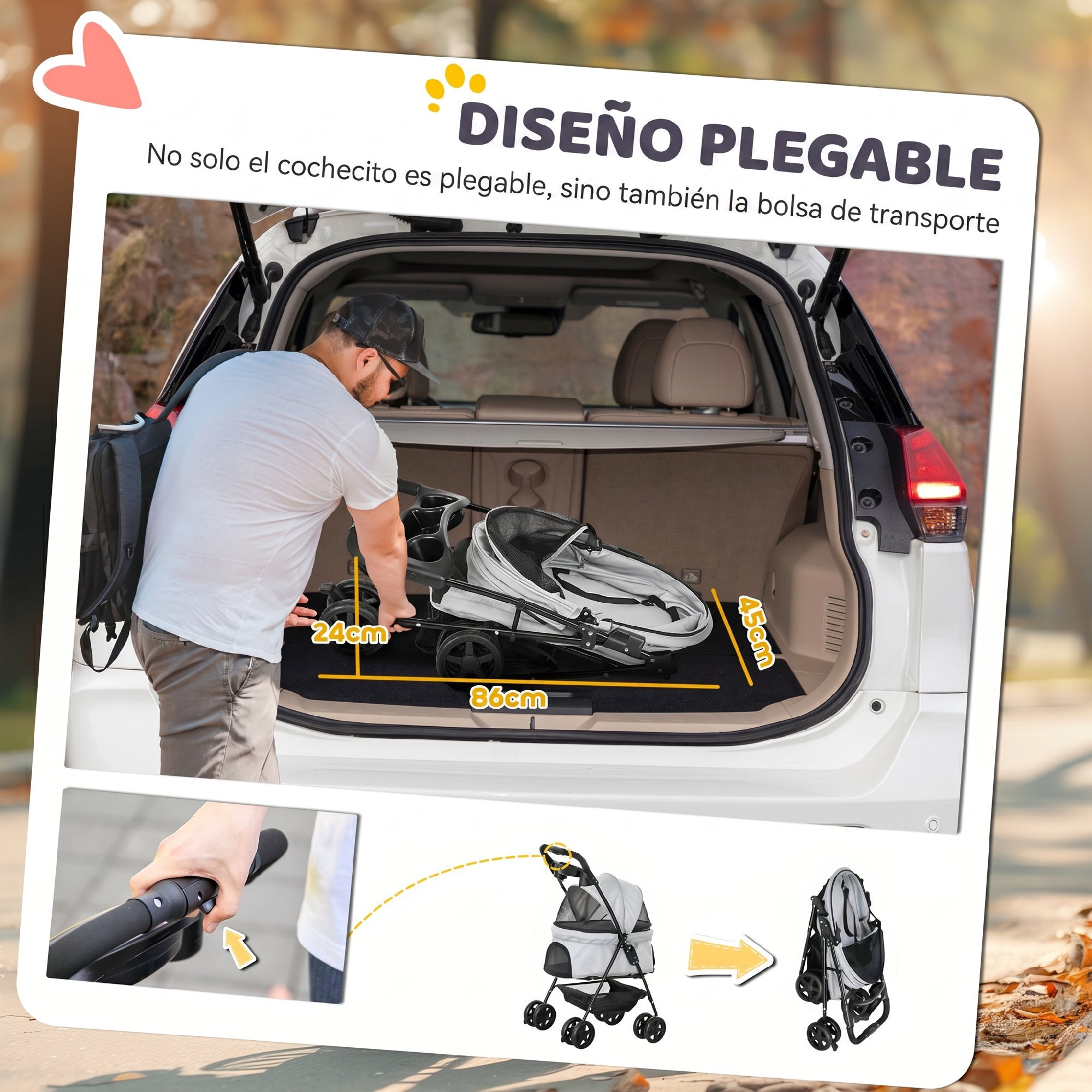 Cochecito para Perros Plegable, Carrito para Perros Pequeños de 4 Ruedas de EVA, Giratorio y Freno, Cesta, Correas de Seguridad, Capota Ajustable, Portavasos y Ventana, 67x45x96 cm, Gris Claro