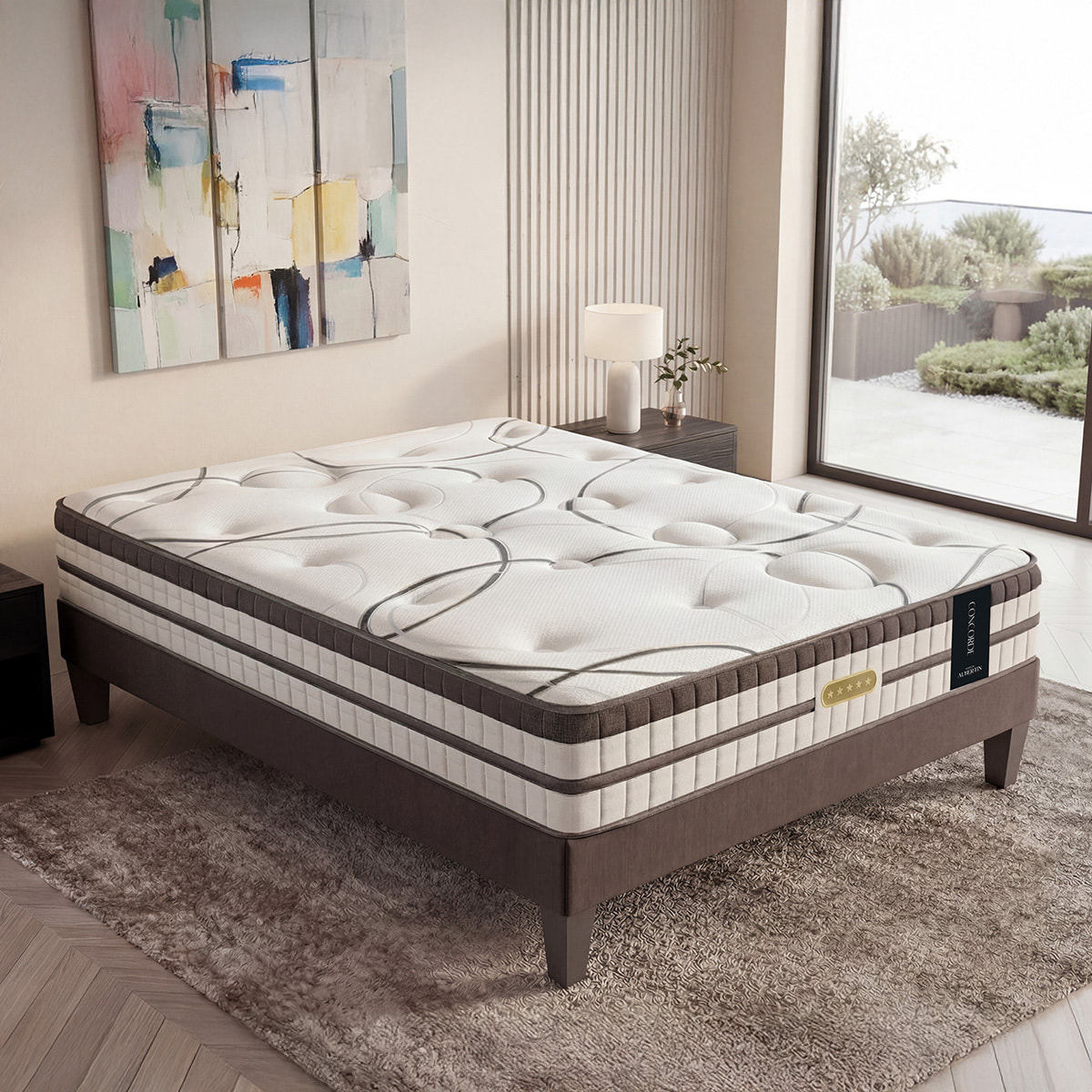 Ensemble Matelas Hybride Concorde & Sommier Bois, Ressorts Ensachés & Mémoire de Forme, 26 cm, Technologie Tri-lattes, Soutien Ferme