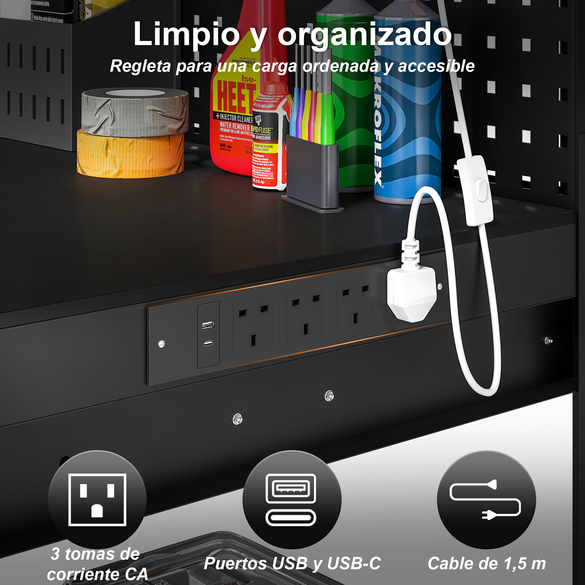 Banco de Trabajo, Carga 272 kg, 110x60x150 cm, Mesa de Trabajo con Tableros Perforados Metálicos, Toma de Corriente, Luces LED, 2 Cajones y Estantes, para Garaje y Taller, Negro