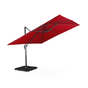 Parasol déporté carré rouge 3x3m structure grise + Lot de 4 dalles à lester 50x50cm