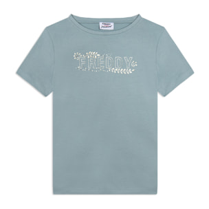 T-shirt Manica Corta con Decori Floreali e Borchie