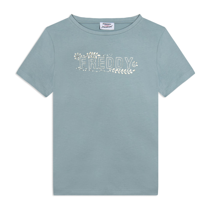 T-shirt Manica Corta con Decori Floreali e Borchie
