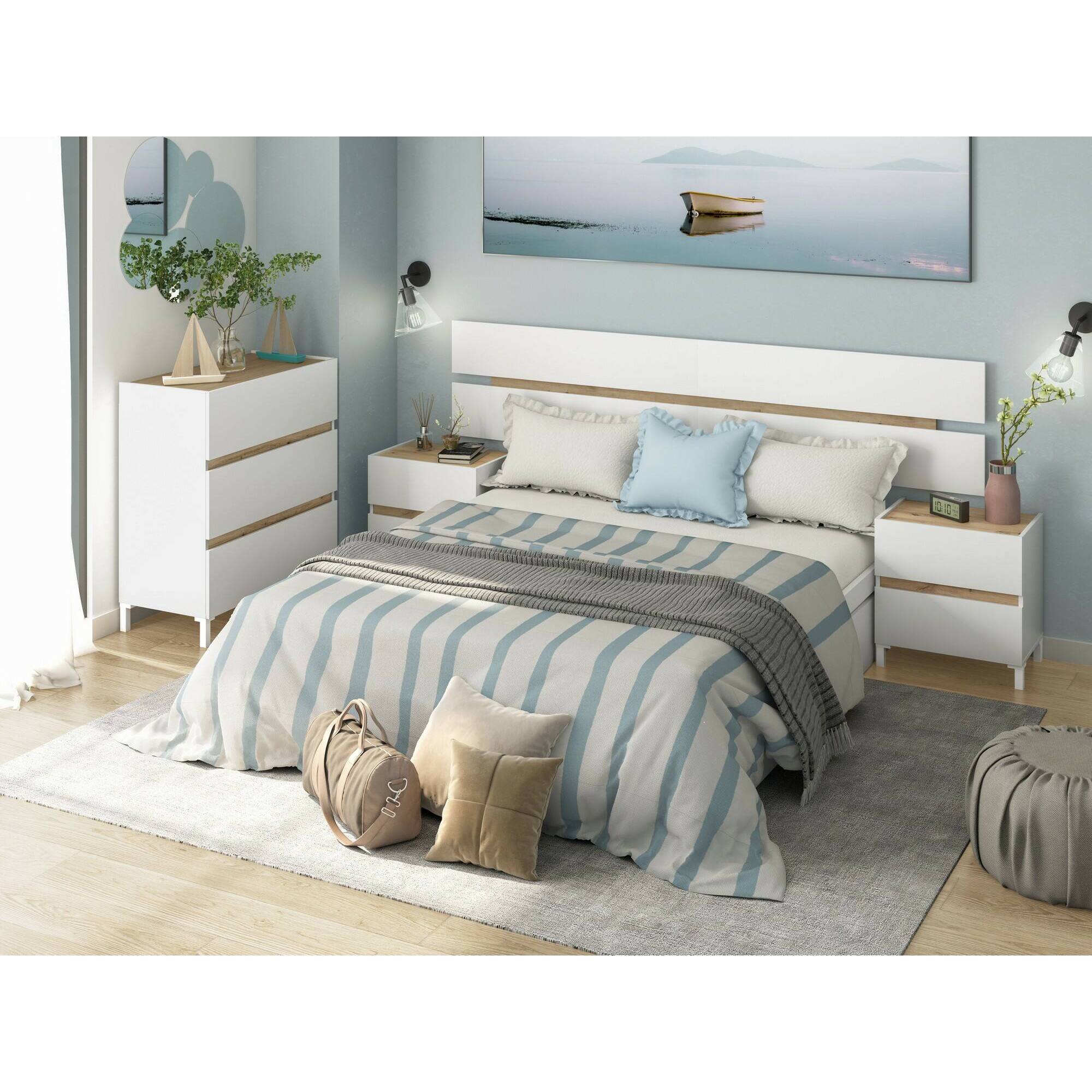 Testiera letto Dado, Spalliera, Testata per camera da letto, Poggiatesta, 216x3 h47 cm, Bianco e Rovere Nodi