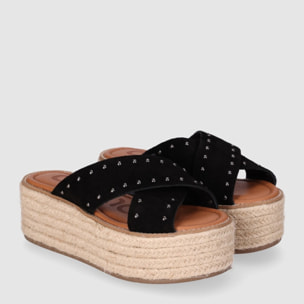 Sandalias de Serraje - Negro - Tacón: 6 cm