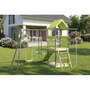 Aire de jeu portique en métal avec toboggan et bac a sable "Sohane"  - Vert