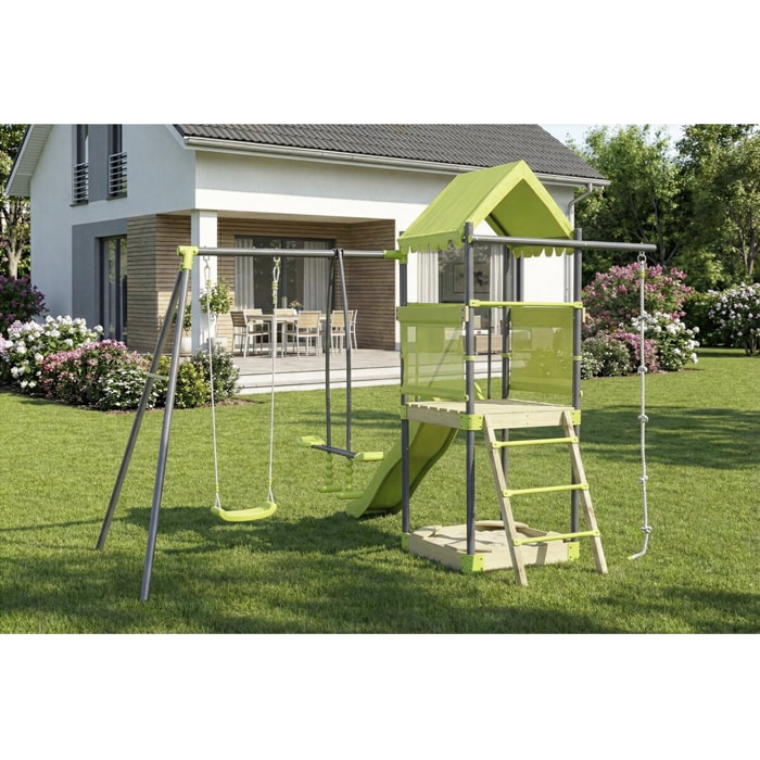 Aire de jeu portique en métal avec toboggan et bac a sable "Sohane"  - Vert