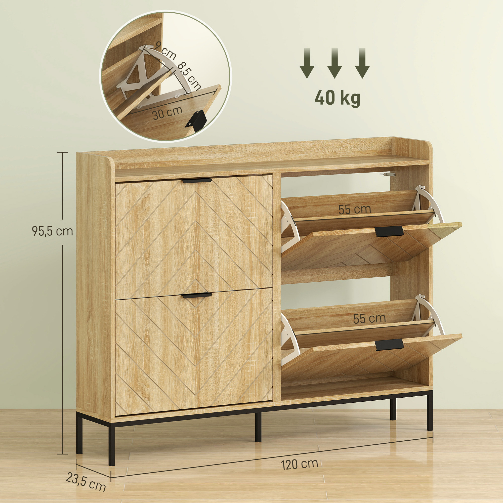 Meuble à chaussures design sur pied - 4 portes, plateau rebord - acier noir effet bois clair graphique