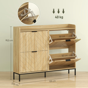Meuble à chaussures design sur pied - 4 portes, plateau rebord - acier noir effet bois clair graphique