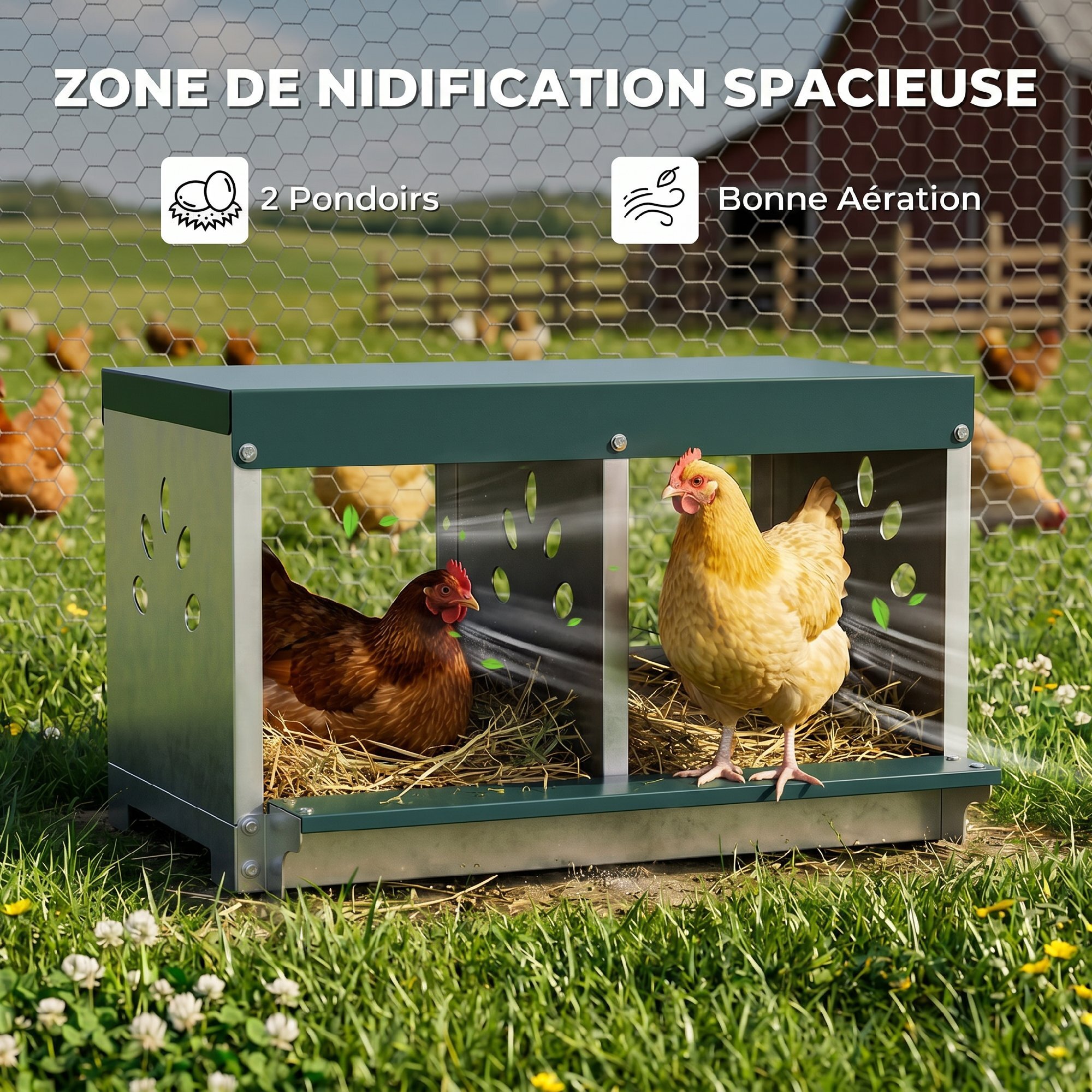Pondoir 2 compartiments - pondoir métal - acier galvanisé gris vert