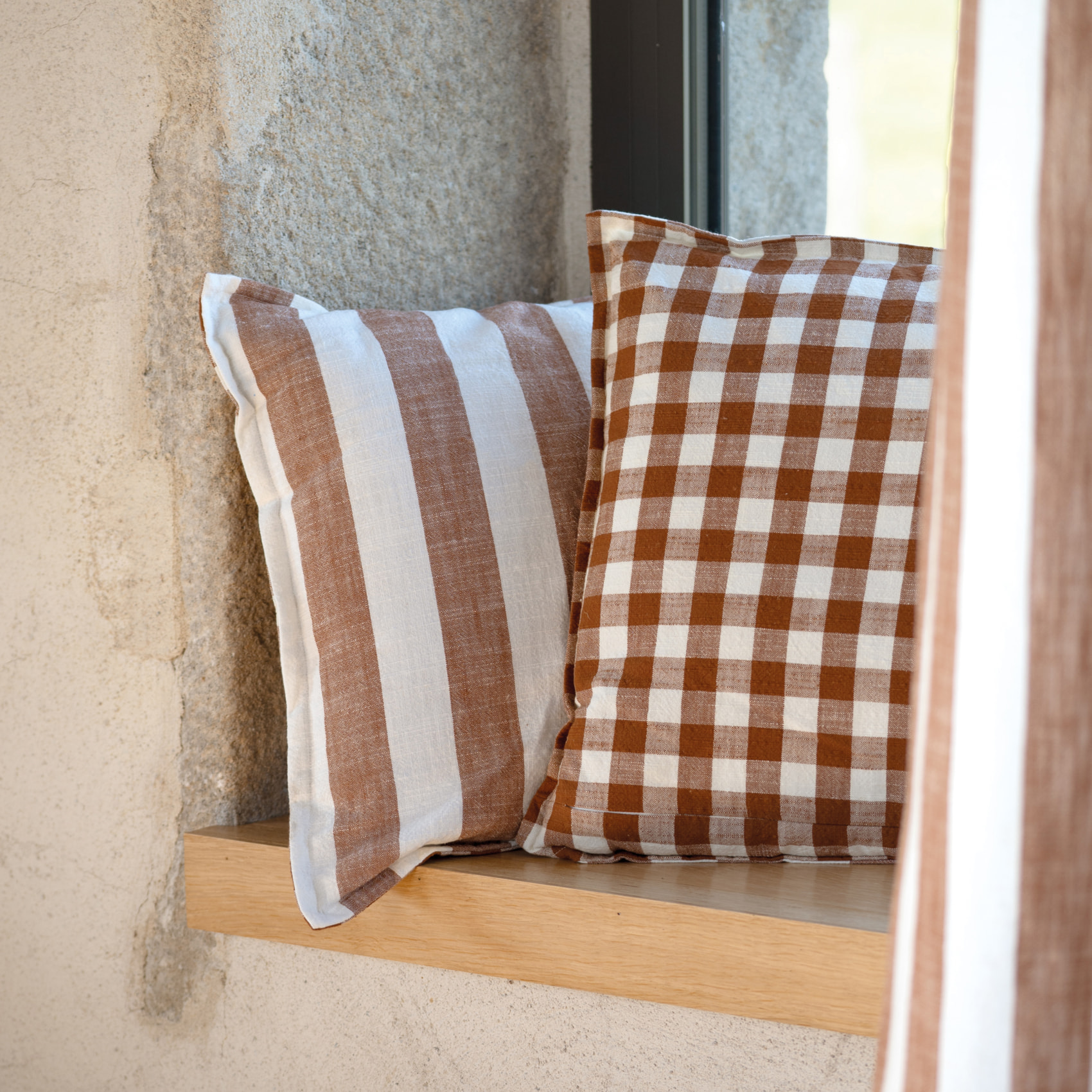 Housse de coussin 100% coton rayures et vichy LOURMARIN - Terracotta