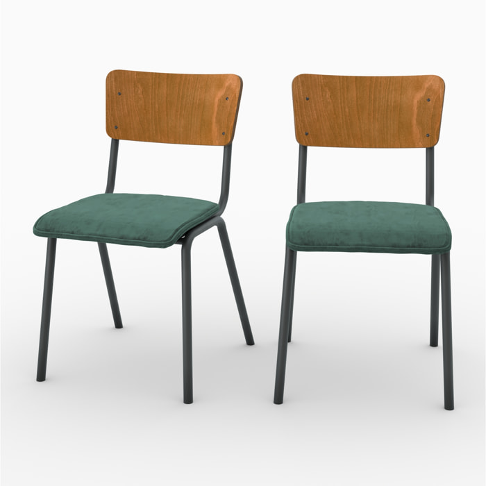 Lot de 2 chaises en bois foncé et velours vert - Nico